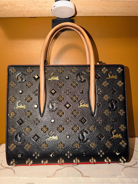 Christian Louboutin Handbags - Christian Louboutin Paloma Medium Black Tote with Tan Handles and Gold Accents